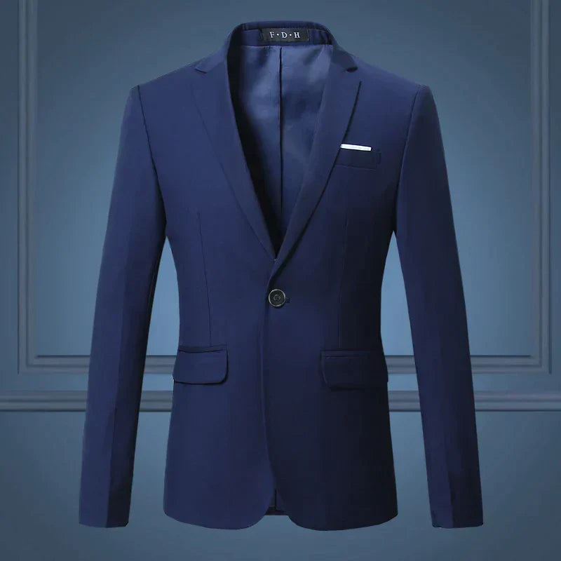 Men's classic navy one-button tailored blazer with structured fit for formal and smart casual wear