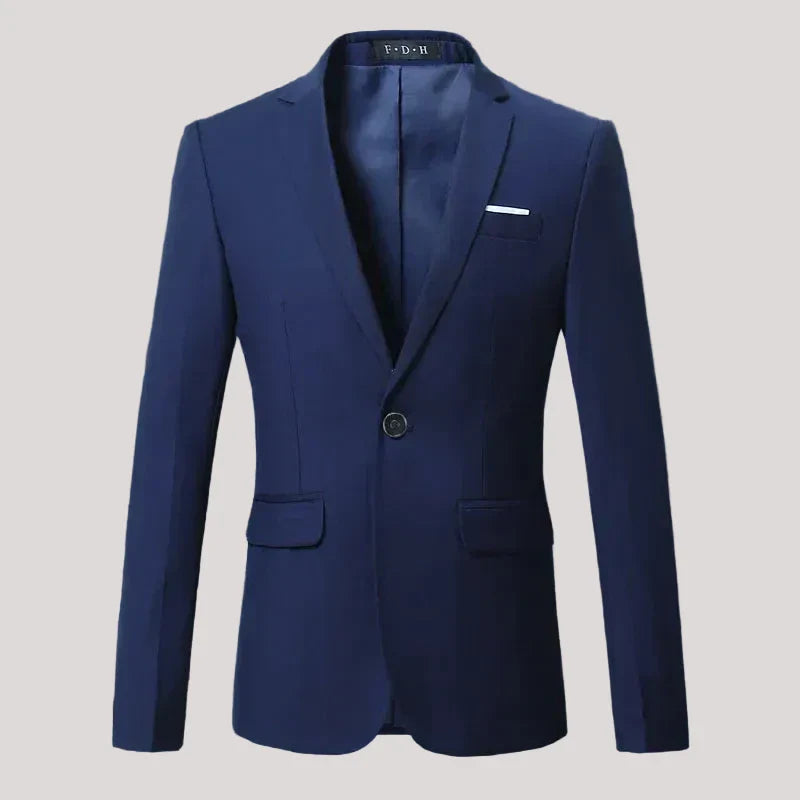 Men's slim fit navy blazer single-button notch lapel formal jacket sharp tailored silhouette