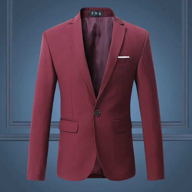 Men's classic navy one-button tailored blazer with structured fit for formal and smart casual wear