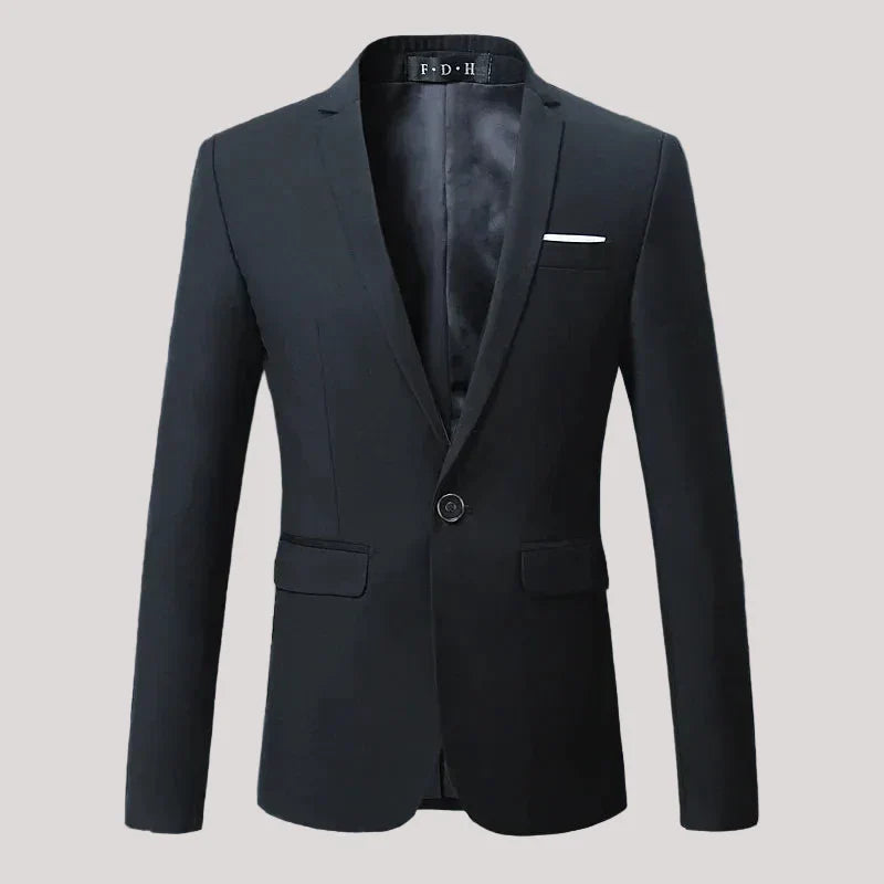 Men's slim fit navy blazer single-button notch lapel formal business jacket sharp tailored silhouette