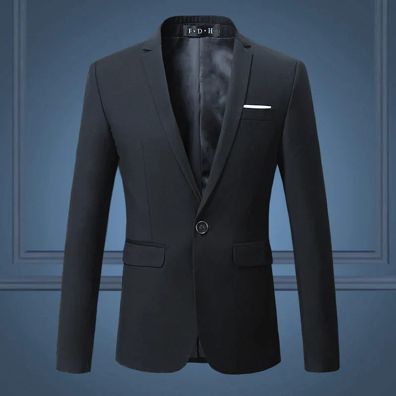 Men's classic navy one-button tailored blazer with structured fit for formal and smart casual wear