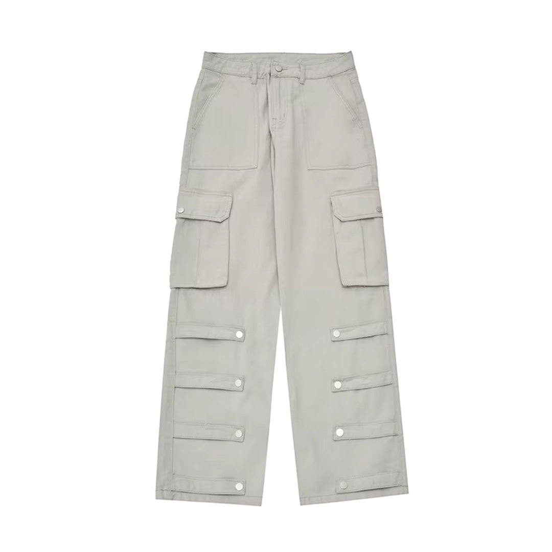 Men's straight-fit cargo trousers with utility pockets and ankle strap details for refined utilitarian style