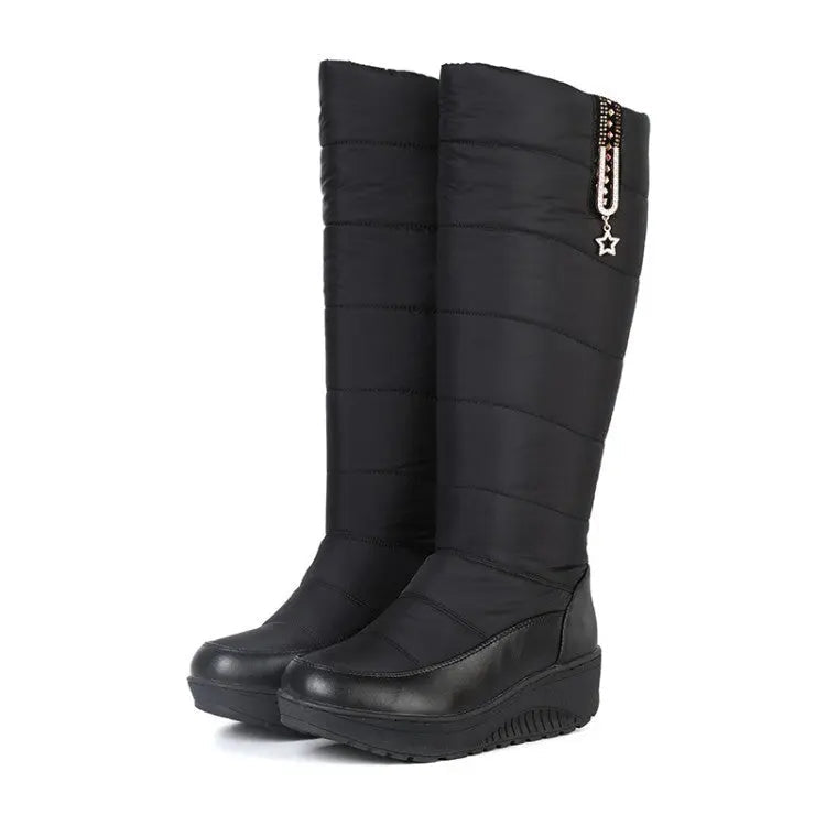Women's high-top winter boots with plush lining, rubber wedge sole, warm and secure traction