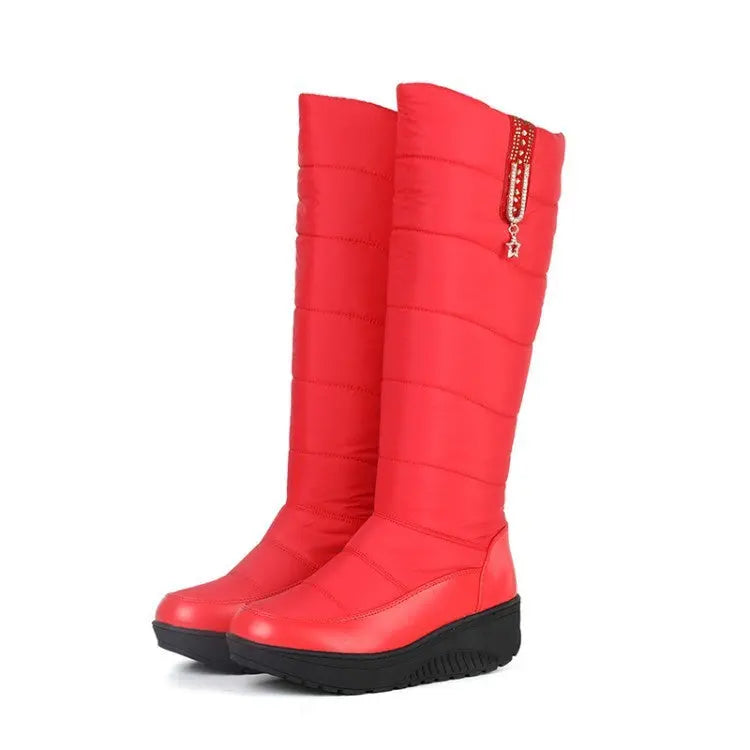 Women's black high-top winter boots with plush lining, rubber wedge sole for warm secure traction