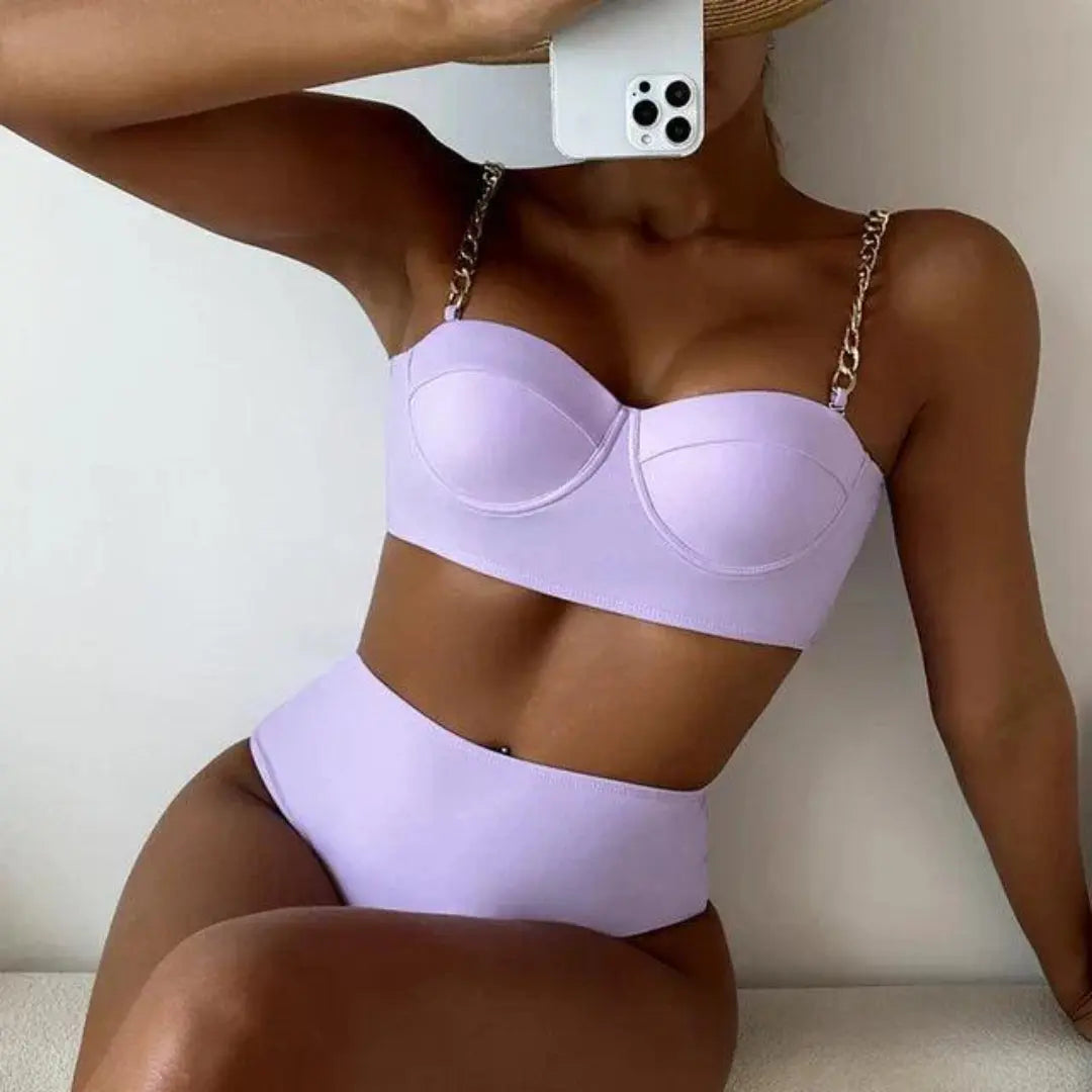 Gold chain strap high-waisted padded bikini set with structured underwired top for glam beach style