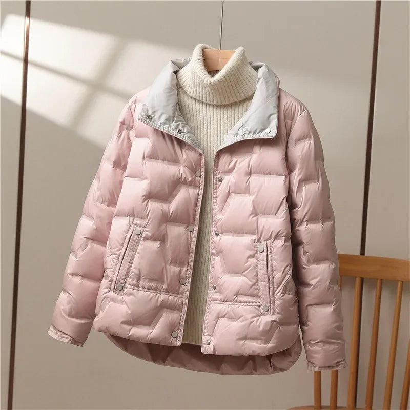 Women's quilted down jacket relaxed fit stand collar hip-length casual winter coat