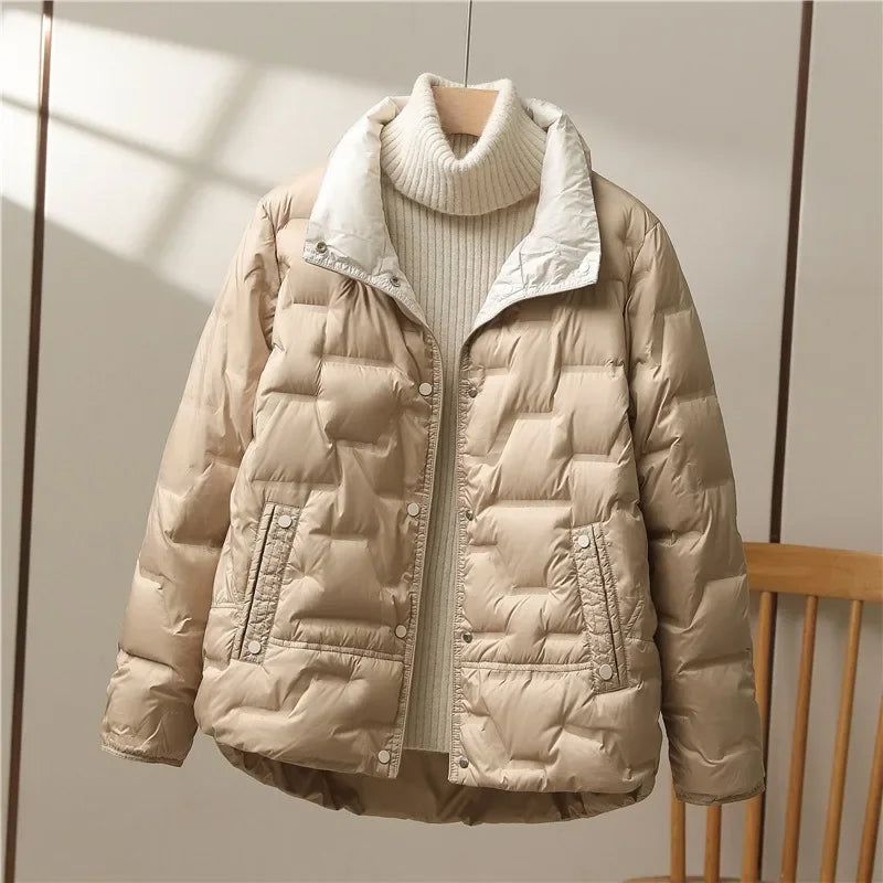 Women's quilted down jacket relaxed fit stand collar hip-length casual winter coat