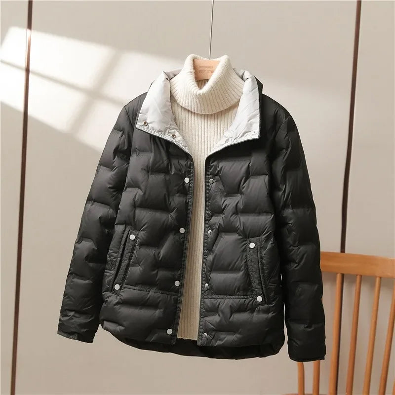 Women's quilted down jacket relaxed fit stand collar hip-length casual winter coat