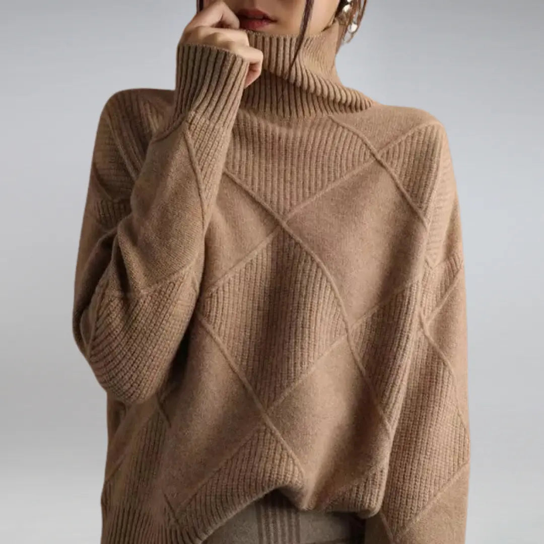 Women's oversized turtleneck sweater in neutral tone, soft breathable acetate fabric, cozy layering fit