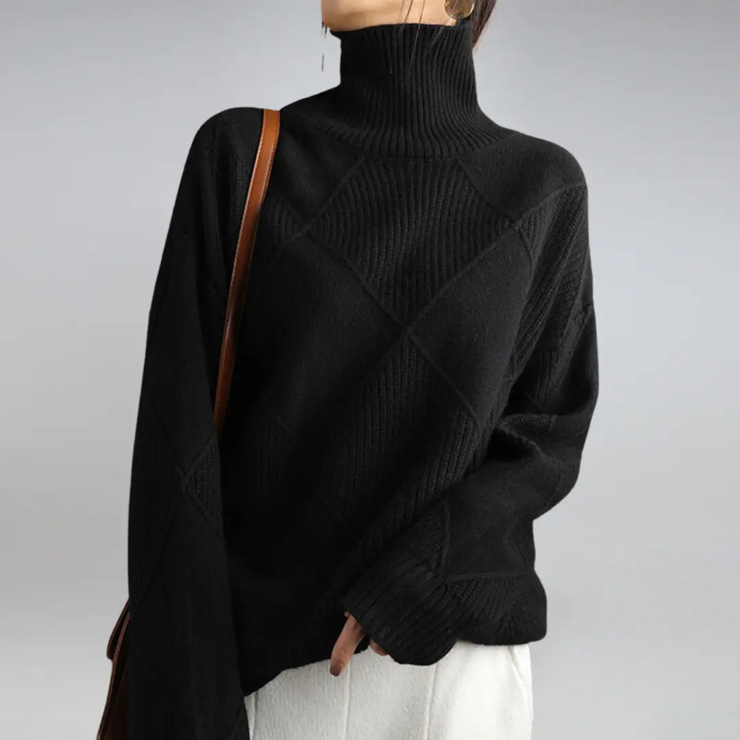 Women's oversized turtleneck sweater in neutral tone, soft acetate fabric, cozy layering fit for cold weather