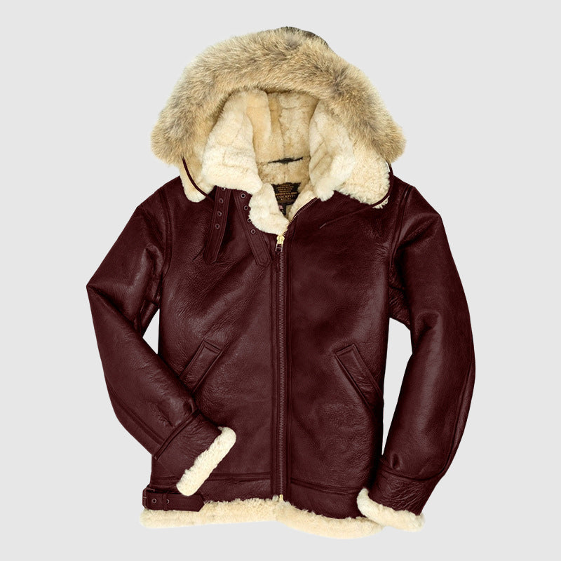 Brown fur lined pilot jacket oversized shearling collar aviator structured silhouette bold outerwear