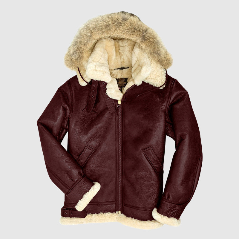 Brown fur lined pilot jacket oversized shearling collar aviator structured silhouette bold outerwear