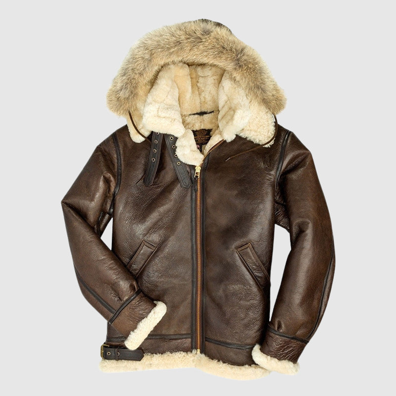 Brown fur-lined pilot jacket oversized shearling collar structured aviator silhouette bold outerwear