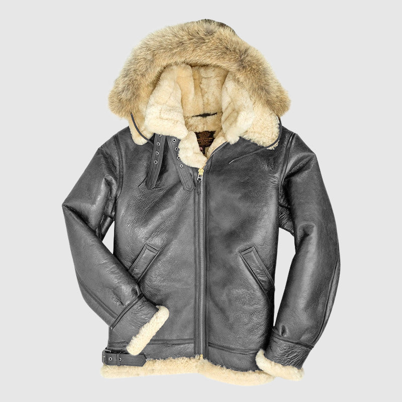 Brown fur lined pilot jacket oversized shearling collar aviator cut structured silhouette bold outerwear