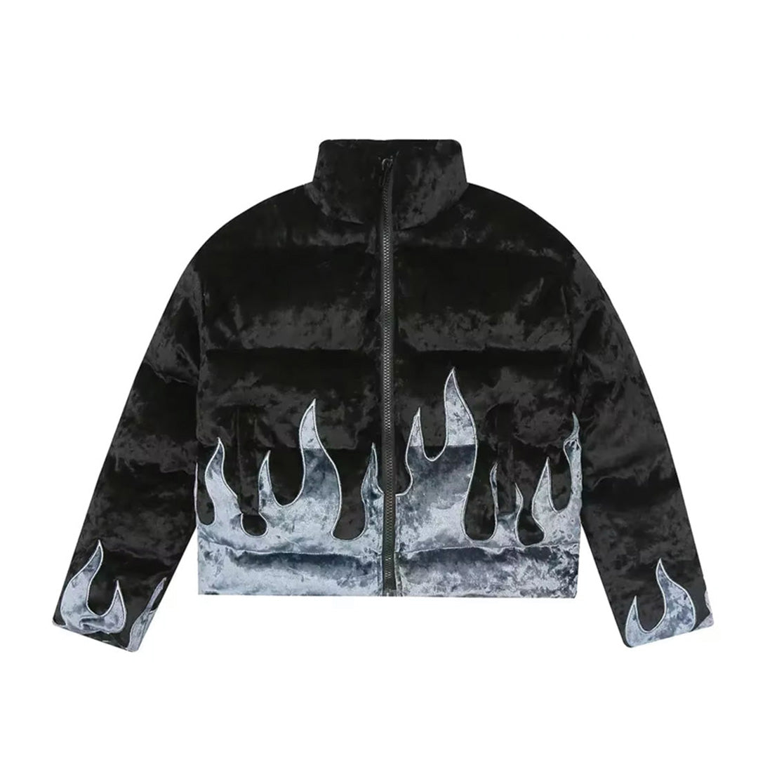 Black puffer jacket with flame embroidery, stand collar, streetwear style, premium down fill