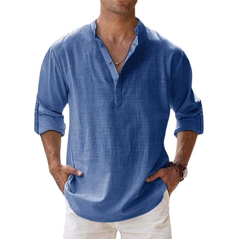 Men's white linen Henley shirt relaxed fit breathable lightweight spring summer elegant style