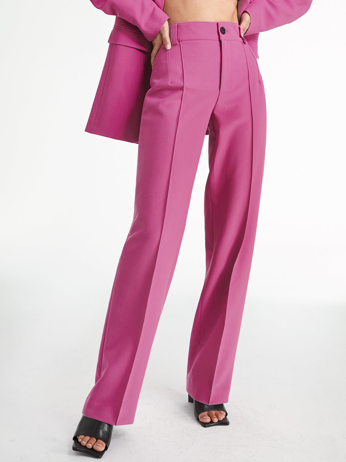 Women's high-waisted pleated dress pants in neutral tone with waist-accentuating tailored fit