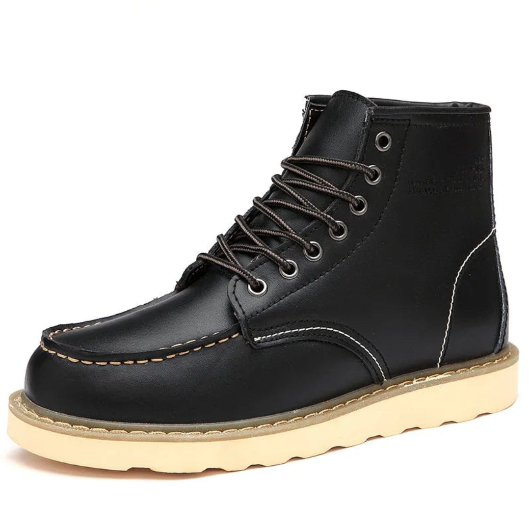 Premium black leather ankle boots with warm wool lining, high-top silhouette for cold weather style