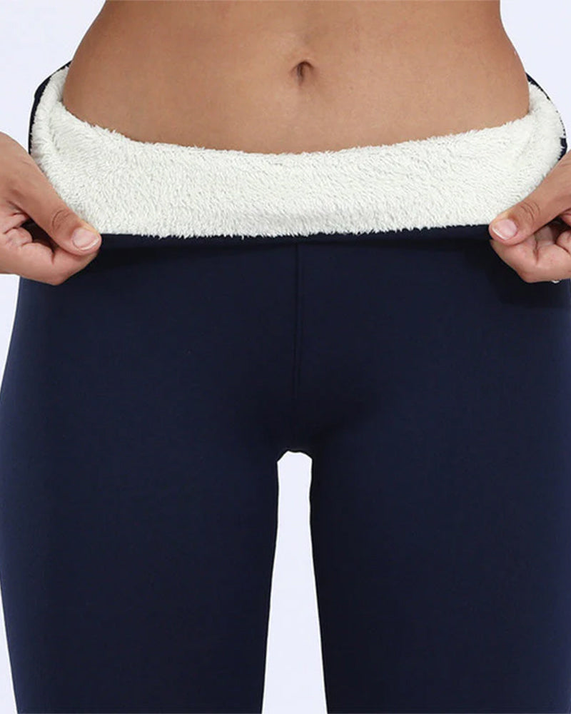 Women's black high waist thermal leggings with plush sheepskin lining for cold weather