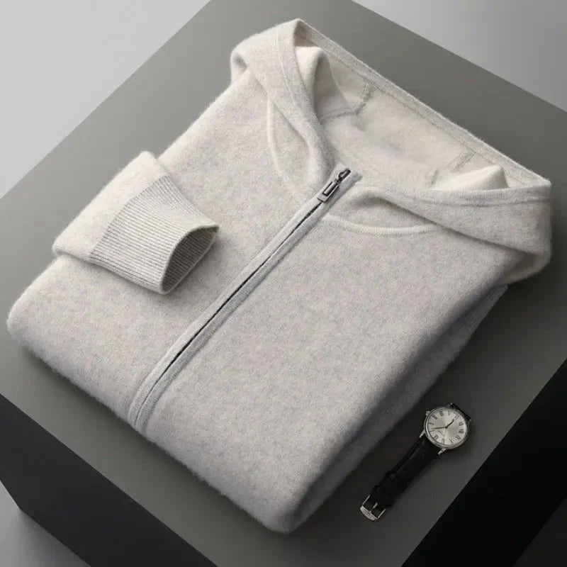 Men's grey cashmere wool hoodie and pants set, relaxed fit with double layer hood
