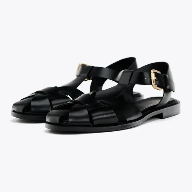 Women's hollow ankle strap sandals in neutral tone with metal buckle closure, lightweight summer beach style