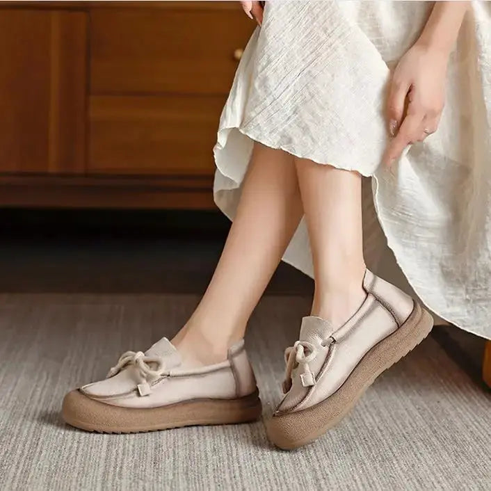 Women's beige hollow Mary Jane flats, breathable faux suede slip-on shoes with cutout design