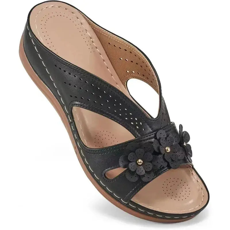 White women's hollow wedge platform sandals with floral pattern, lightweight non-slip comfort sole