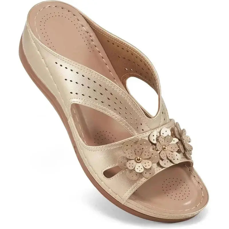 White women's hollow wedge platform sandals with floral pattern, lightweight non-slip sole