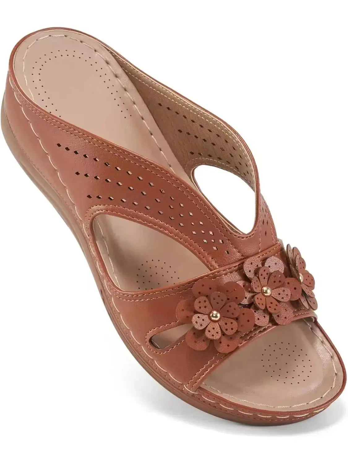 White women's hollow wedge platform sandals with floral pattern, lightweight non-slip comfort design