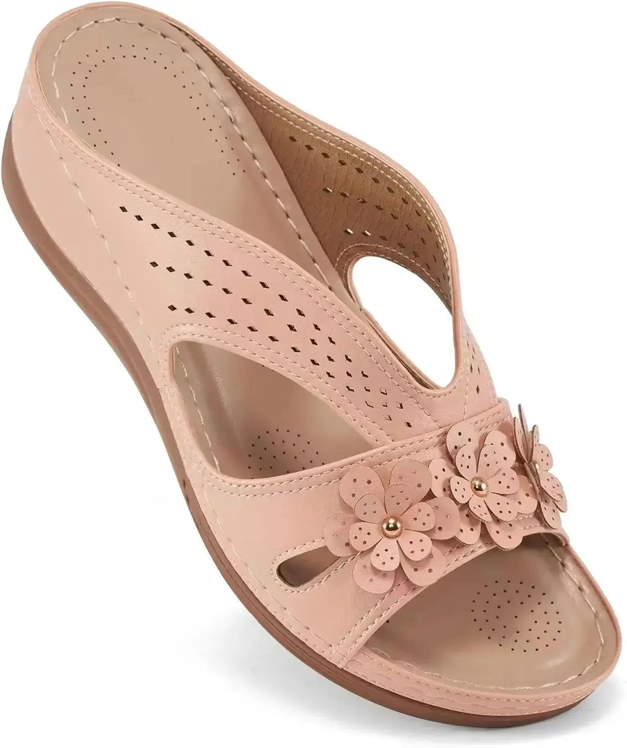 White women's hollow wedge platform sandals with flower pattern, lightweight non-slip casual footwear