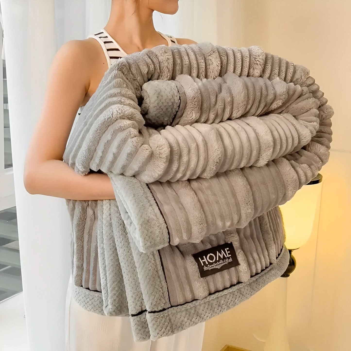 Ribbed plush throw blanket ultra-soft thick fleece minimalist design for living room and bedroom