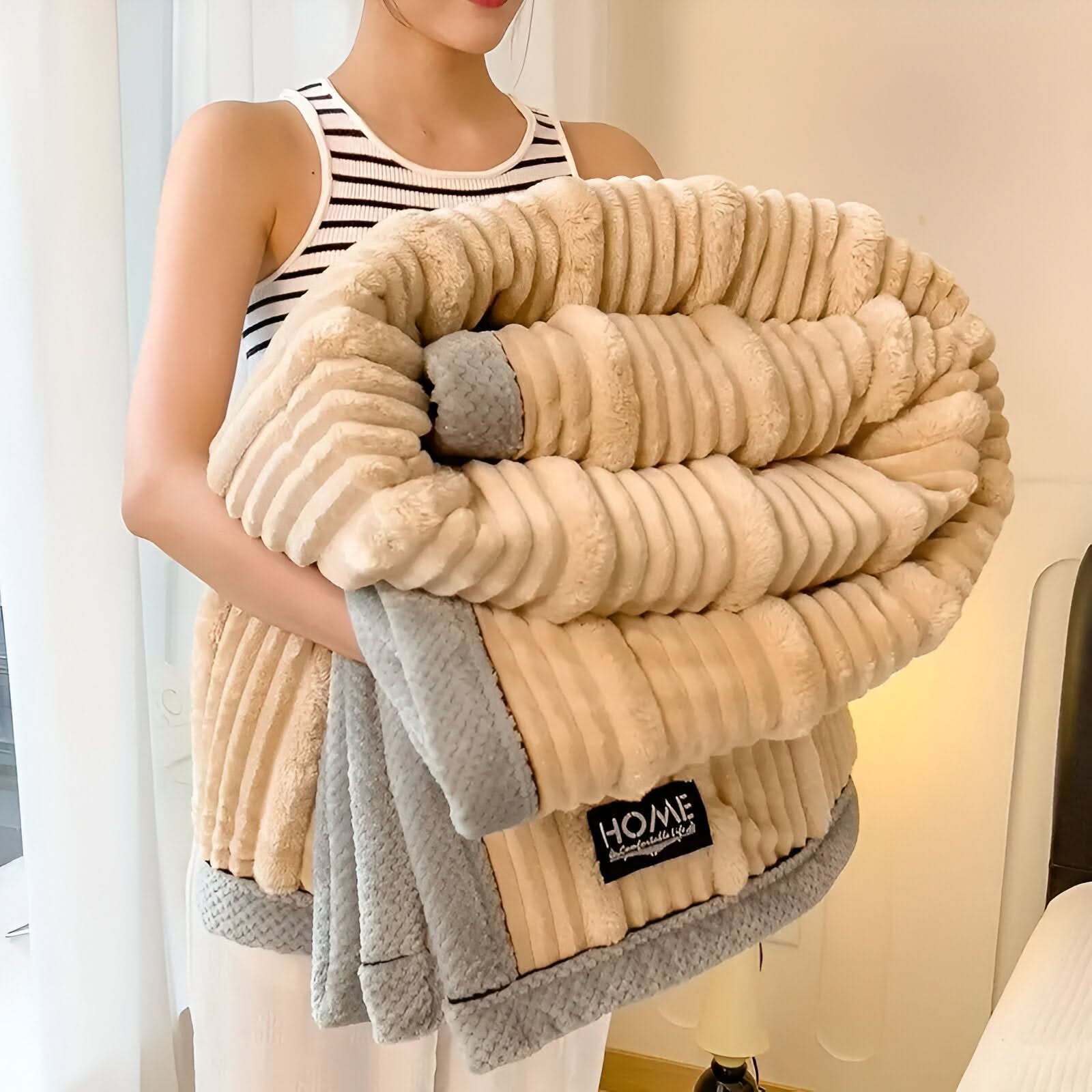 Ribbed plush throw blanket ultra-soft thick fleece minimalist design for cozy living room bedroom