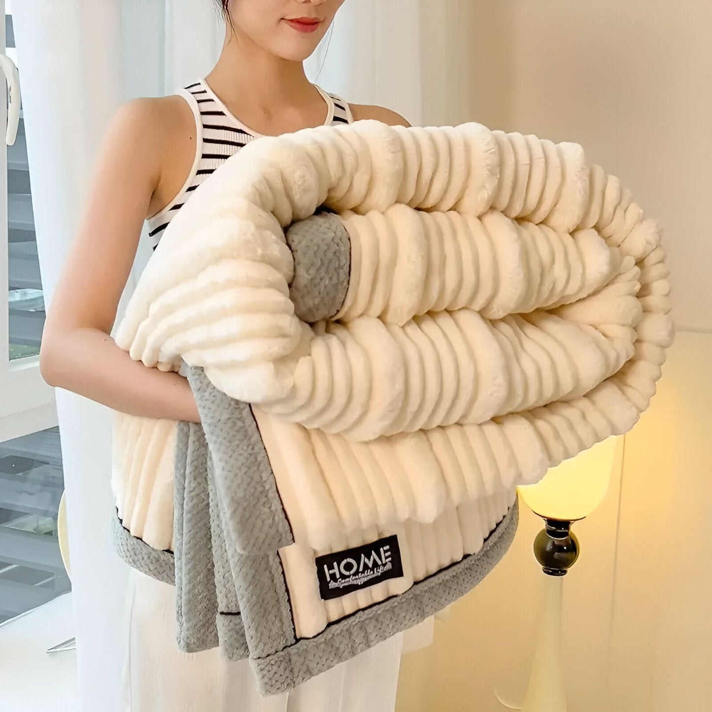 Ribbed plush throw blanket ultra-soft thick fleece minimalist design for living room and bedroom