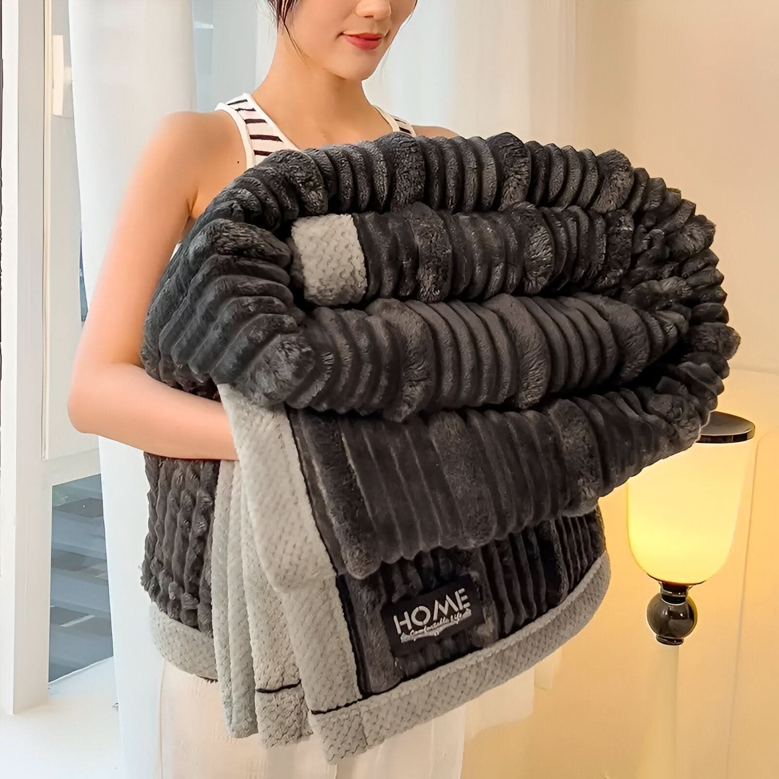 Ribbed plush throw blanket ultra-soft thick fleece minimalist design for cozy living room bedroom