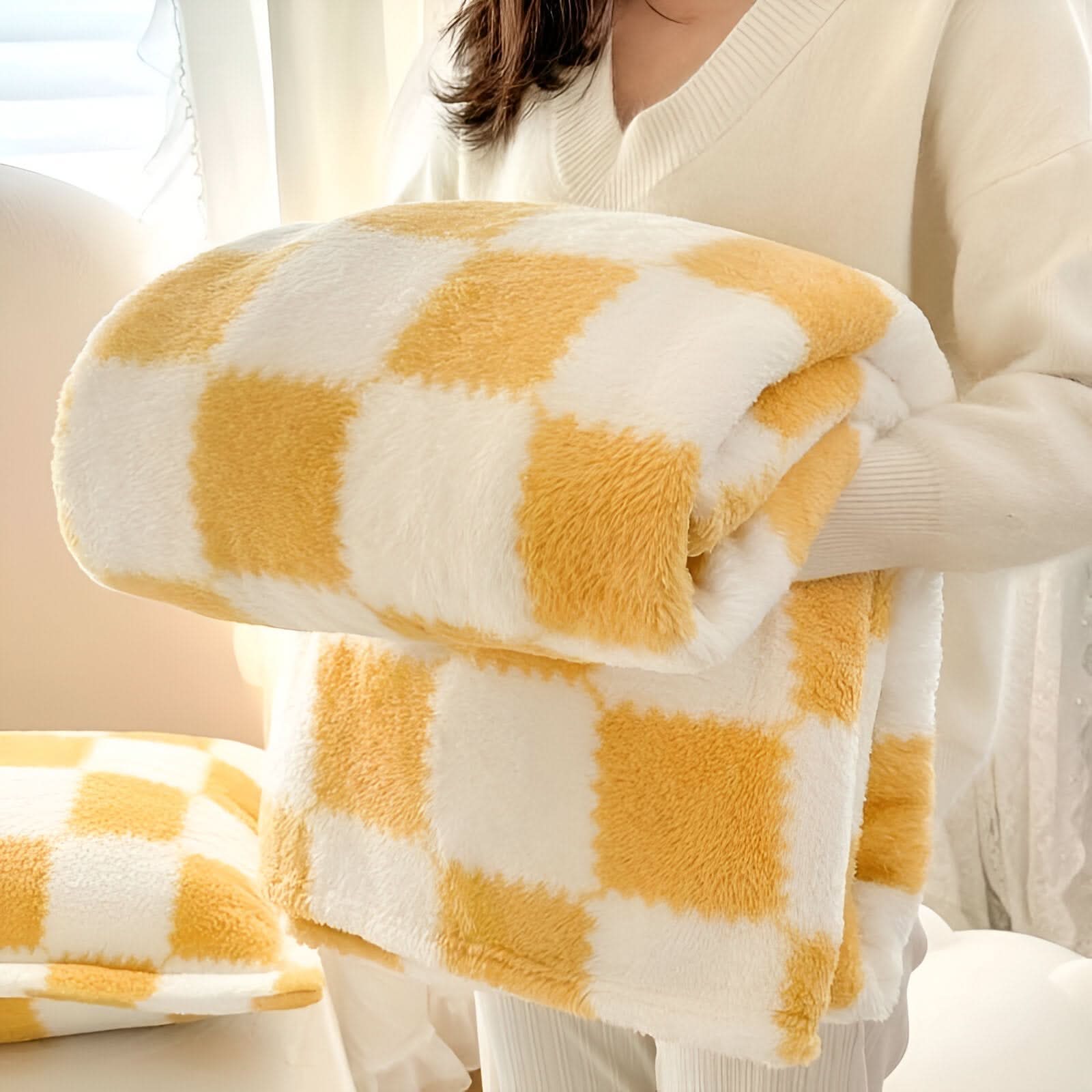 Plaid fleece throw blanket blue-gray white checkerboard ultra-soft plush cozy living room decor
