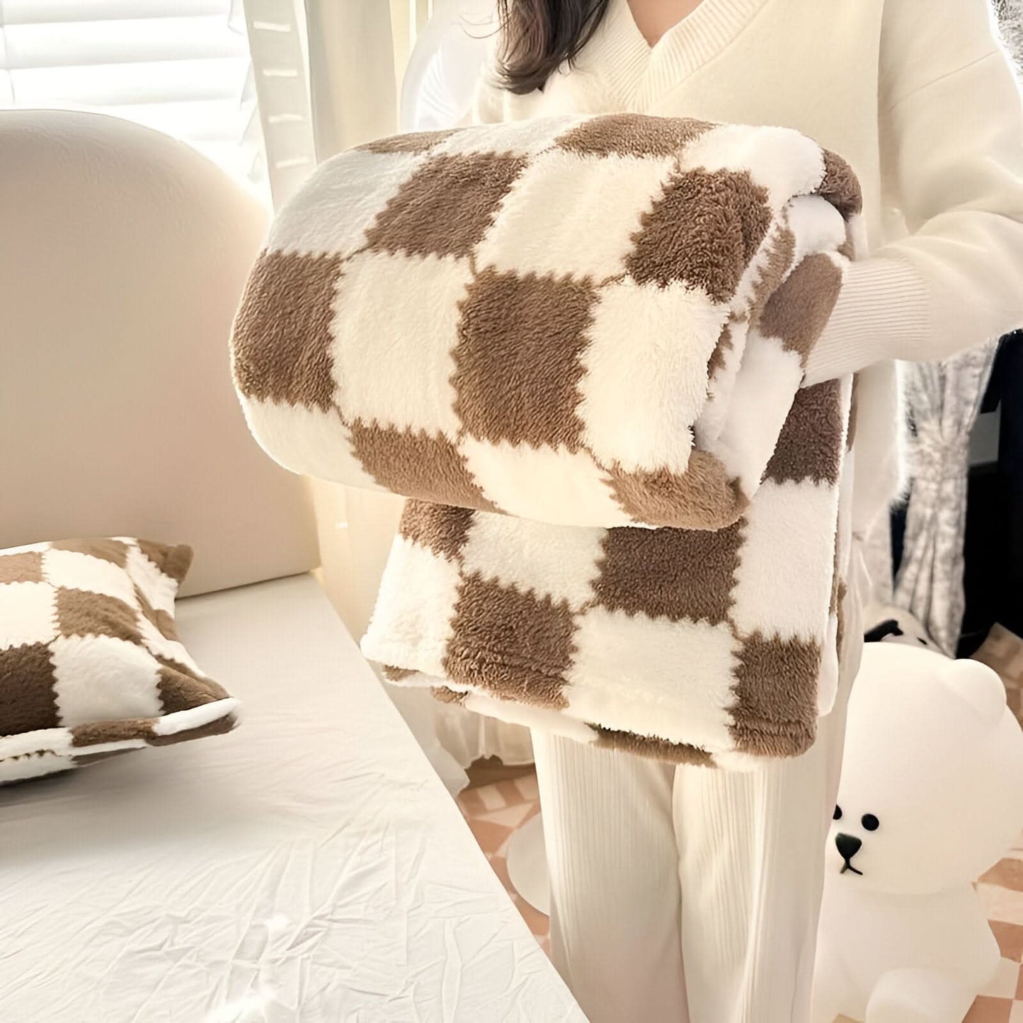 Ultra-soft plush fleece throw blanket blue-gray white plaid checkerboard cozy living room decor