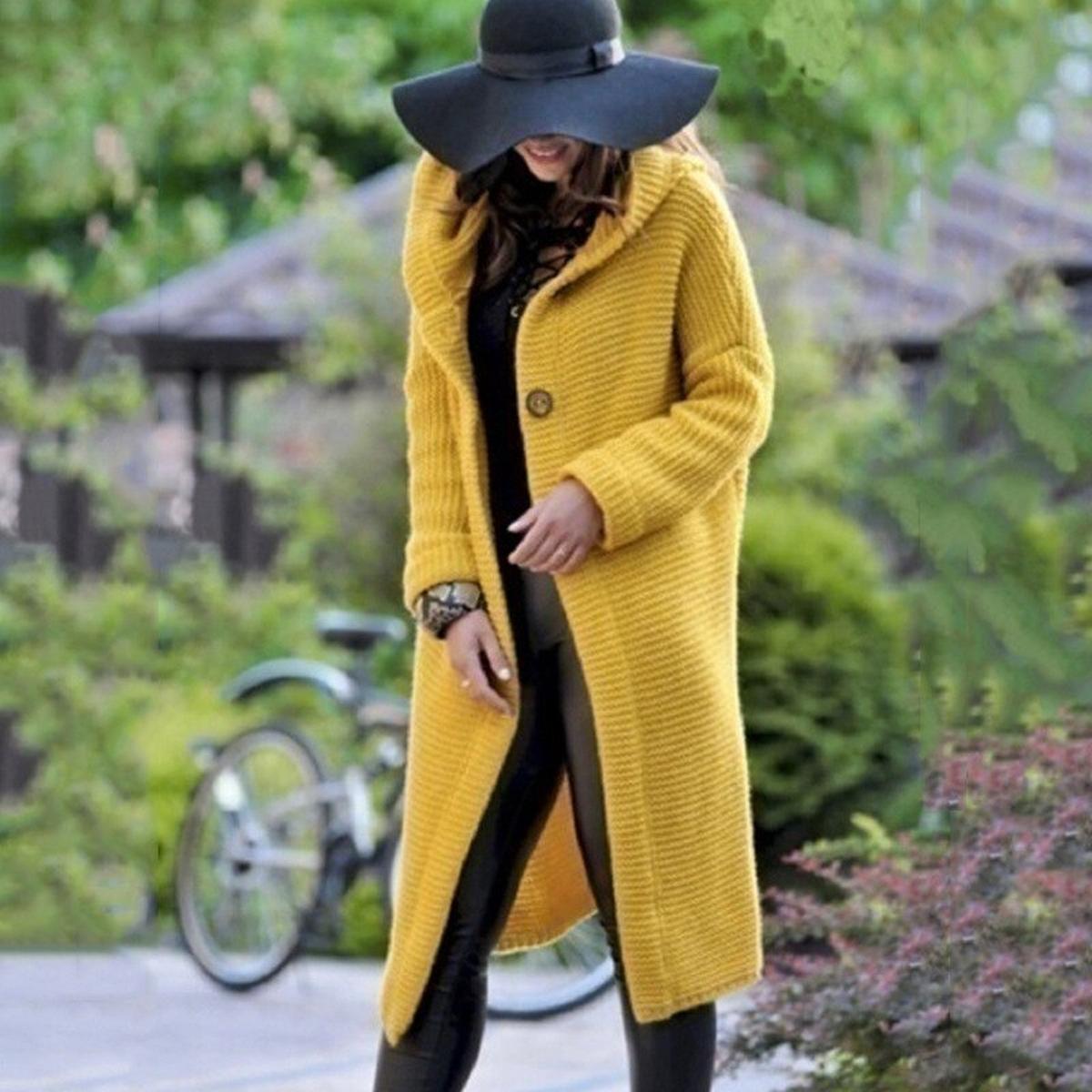 Women's cozy knit hooded maxi cardigan in neutral tone, relaxed long-line silhouette with draped hood