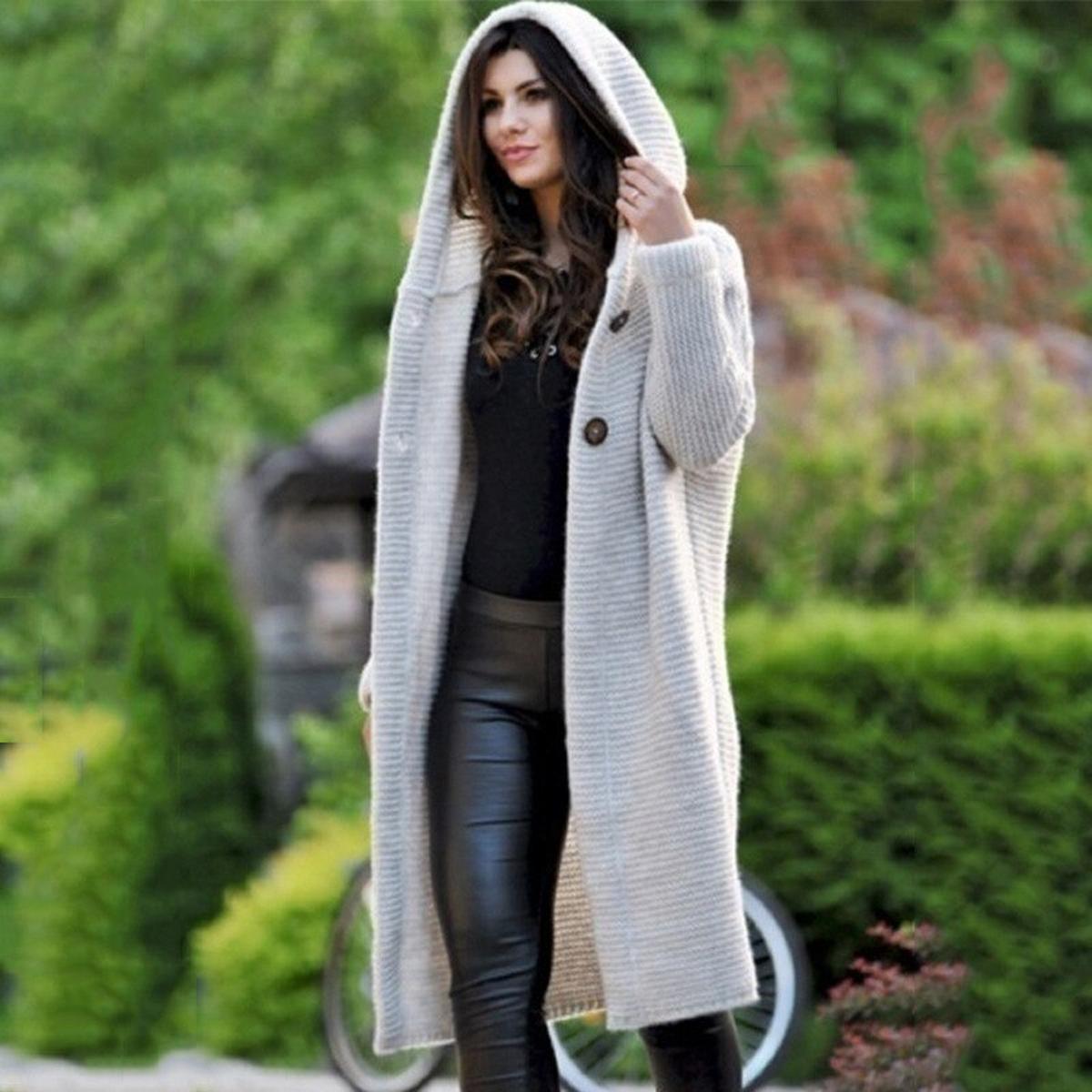 Women's cozy knit hooded maxi cardigan in neutral tone, relaxed long-line fit with draped silhouette