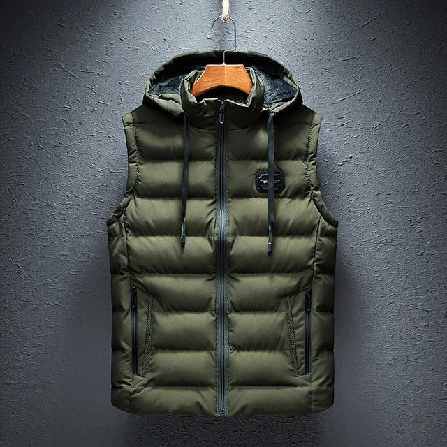Men's black quilted puffer vest with hooded stand collar and front zipper for versatile layering
