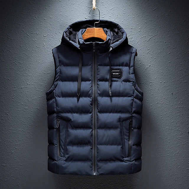 Men's quilted puffer vest with hooded stand collar and front zipper for versatile layering