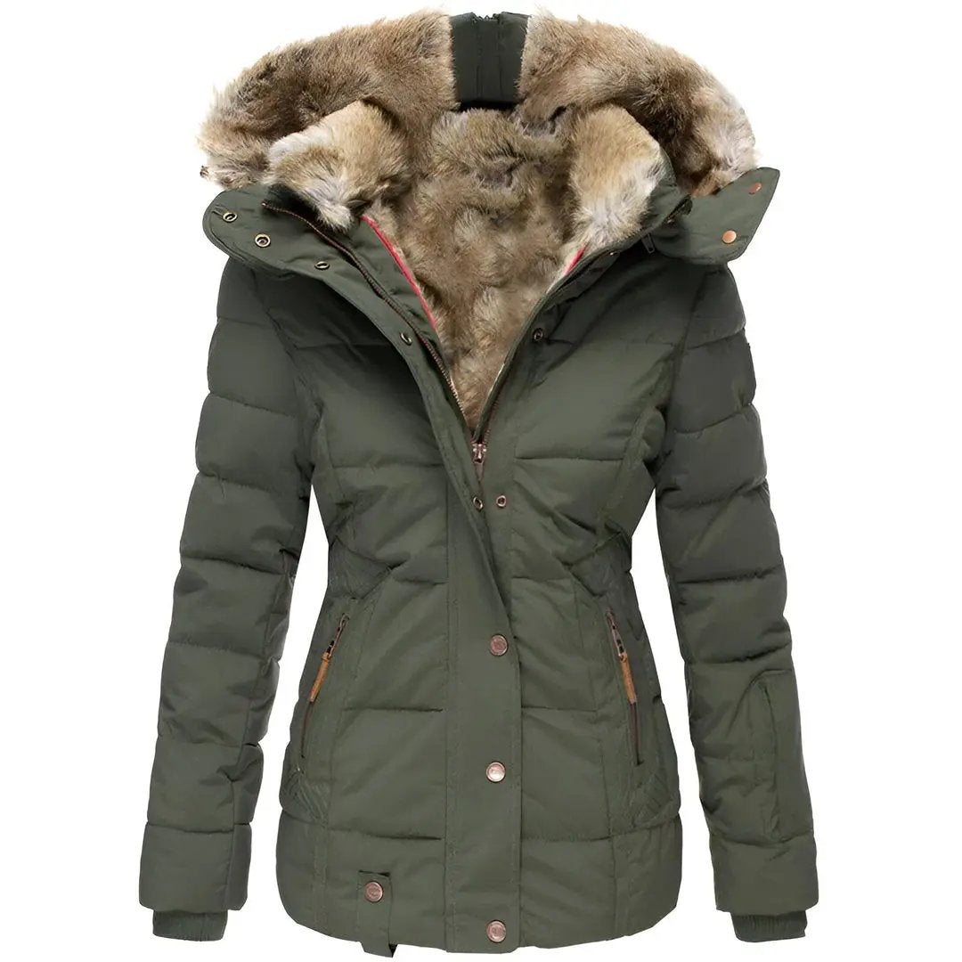 Women's slim fit hooded puffer jacket insulated thick padding cold weather style