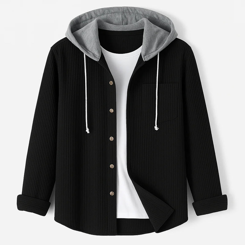 Unisex hooded corduroy button-up overshirt lightweight casual layering piece with ribbed texture