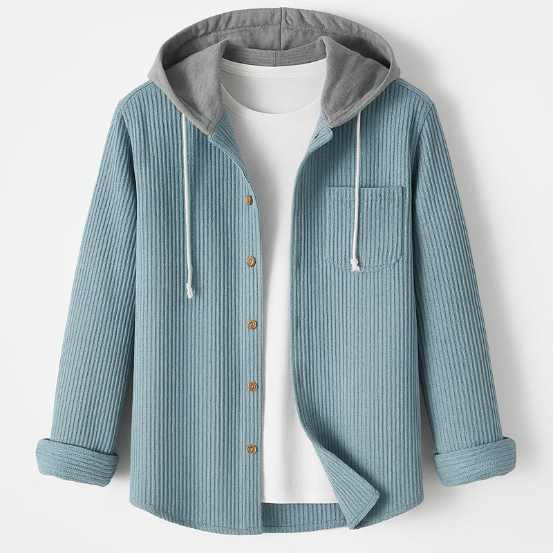 Unisex hooded corduroy button-up overshirt lightweight casual layering piece with ribbed texture