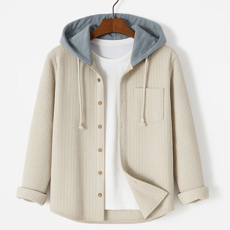 Unisex hooded corduroy button-up overshirt lightweight casual layering ribbed texture neutral tone