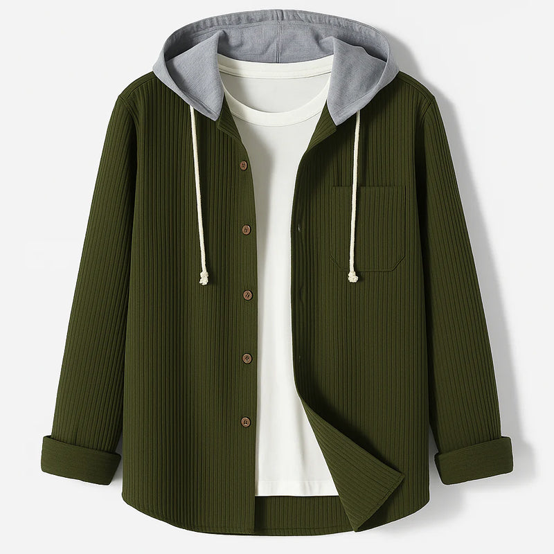 Unisex hooded corduroy button-up overshirt lightweight casual layering piece with ribbed texture