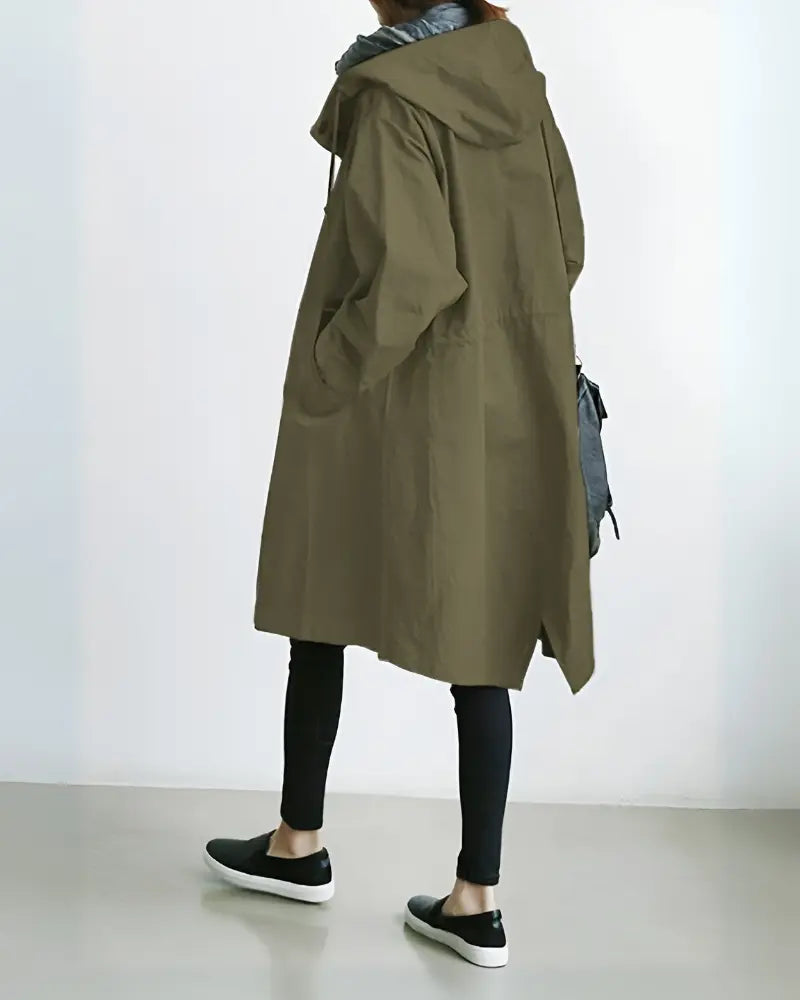 Women's hooded trench coat classic structured silhouette warm thick fabric lightweight chilly days style