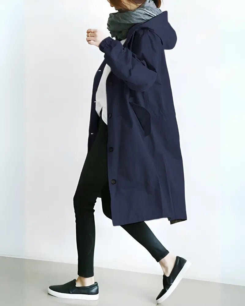 Women's hooded trench coat classic silhouette warm thick lightweight fabric stylish chilly days