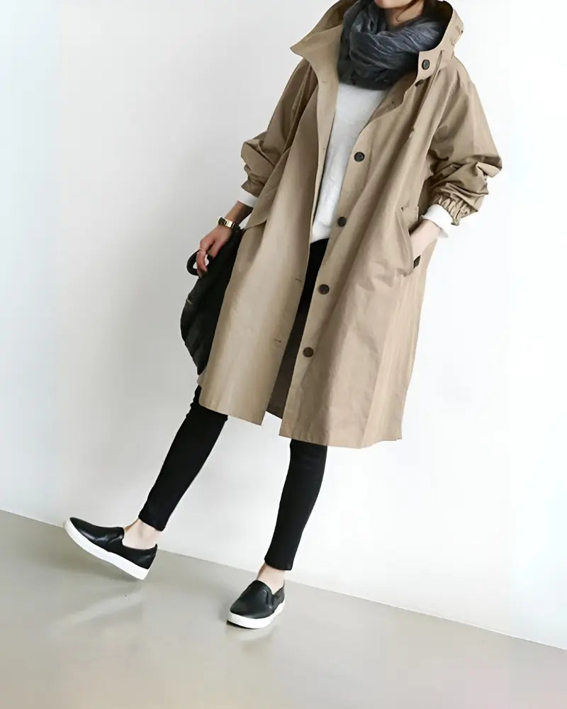 Women's hooded trench coat classic silhouette warm thick fabric lightweight stylish chilly days outerwear
