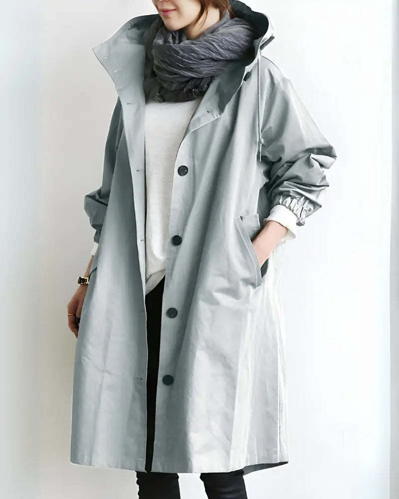 Women's hooded trench coat classic silhouette warm thick lightweight fabric stylish chilly days