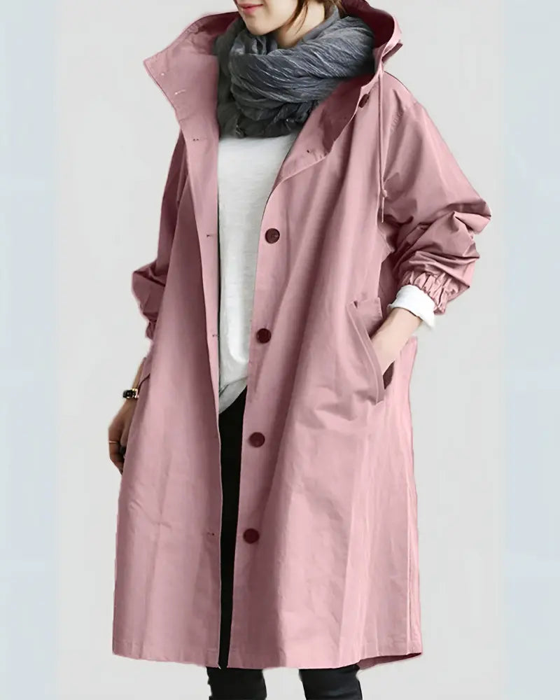 Women's hooded trench coat classic structured silhouette warm thick fabric lightweight chilly days style